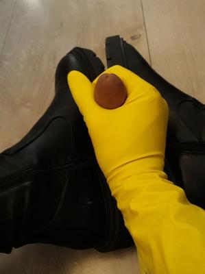 Dildo handjob with a rubber gloves