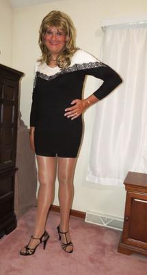 Crossdresser in Black and White Sweater Dress