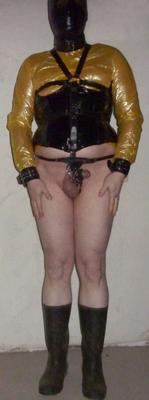Yellow PVC and bondage harness