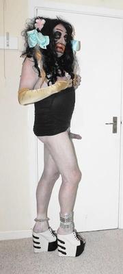 Brunette slut in gold studded dress