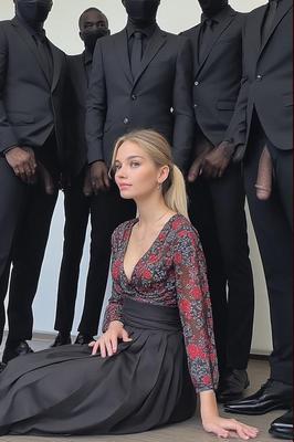Hot Wife surrounded by masked men
